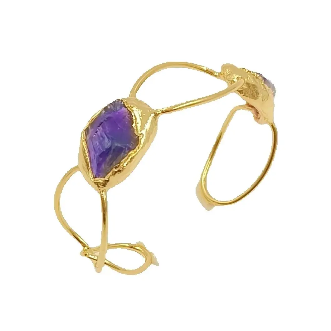 WT-B699 Amethyst Stone And Pearl Paved Hollow Design Yellow Brass Cuff Bangel  For Women Retro Fine Accessory