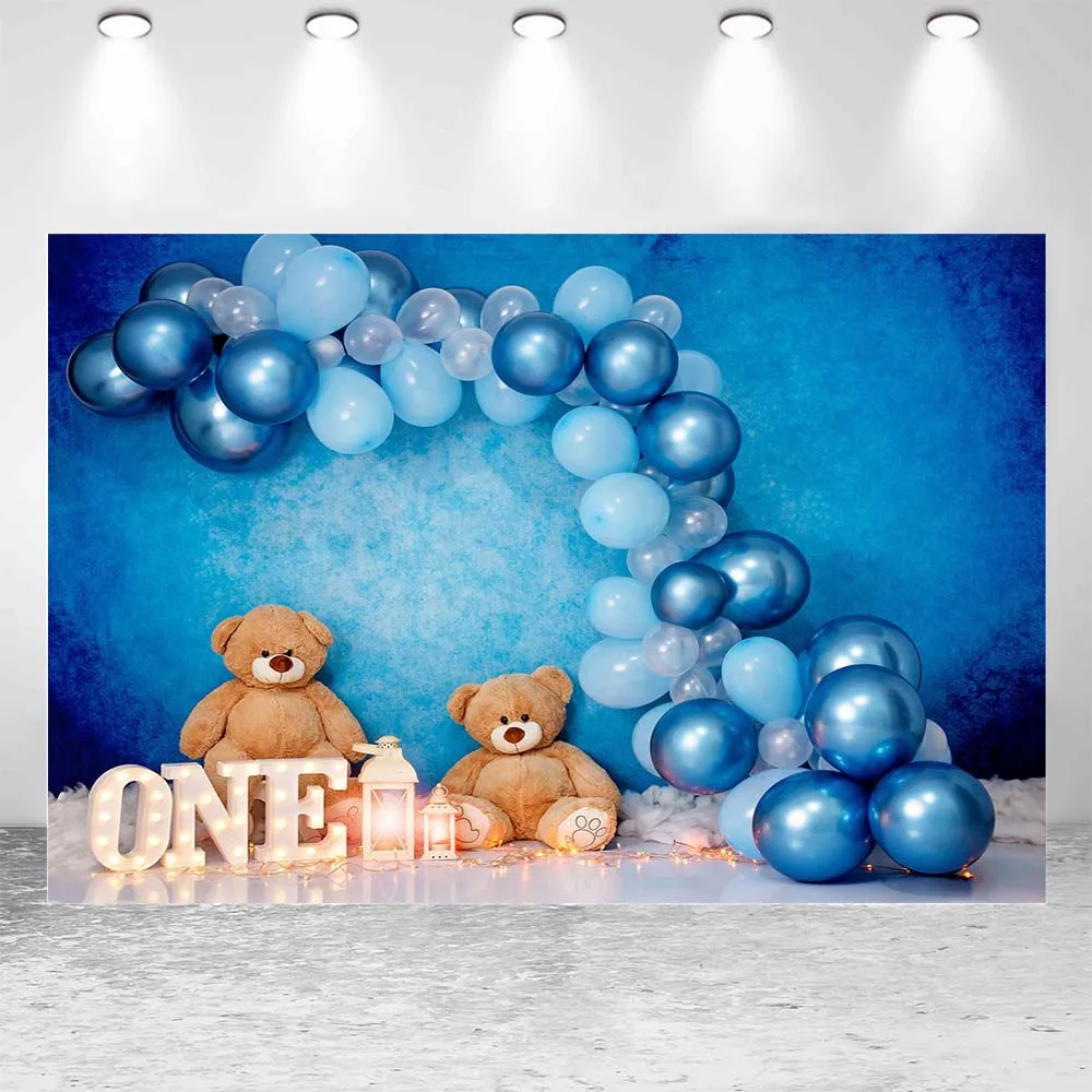 Mocsicka Jungen 1. Geburtstag Hintergrund Fotografie Blaue Wand Bär Ballon Baby Erste Kuchen Zerschlagen Party Hintergrund Foto Studio Requisiten