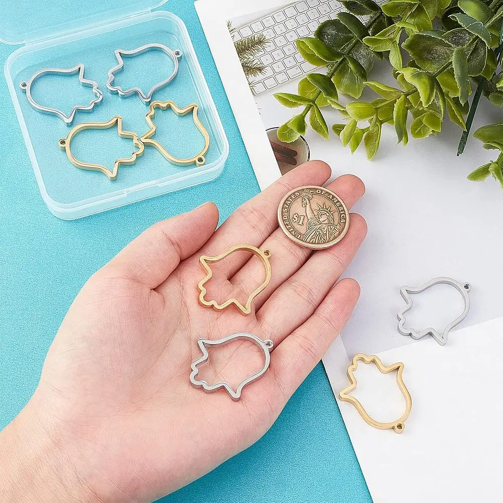 8Pcs Open Back Bezel Pendants Hollow Resin Frames Stainless Steel Hamsa Hand Charms Blank Bezel with Loop for Resin Jewelry
