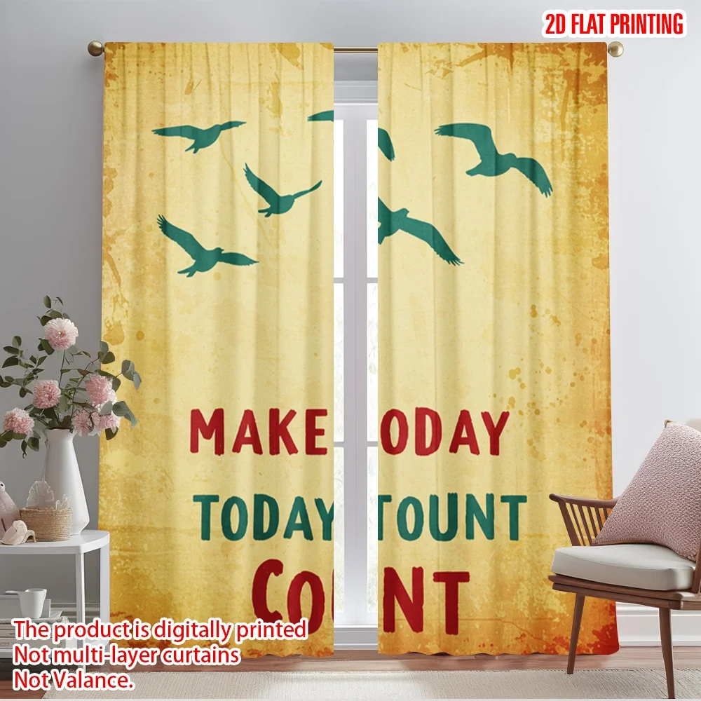 

2pcs 2D flat printing Window Curtains Make Today Count Birds Polyester Without Electricity Party Decorations Perfect for Outdoor