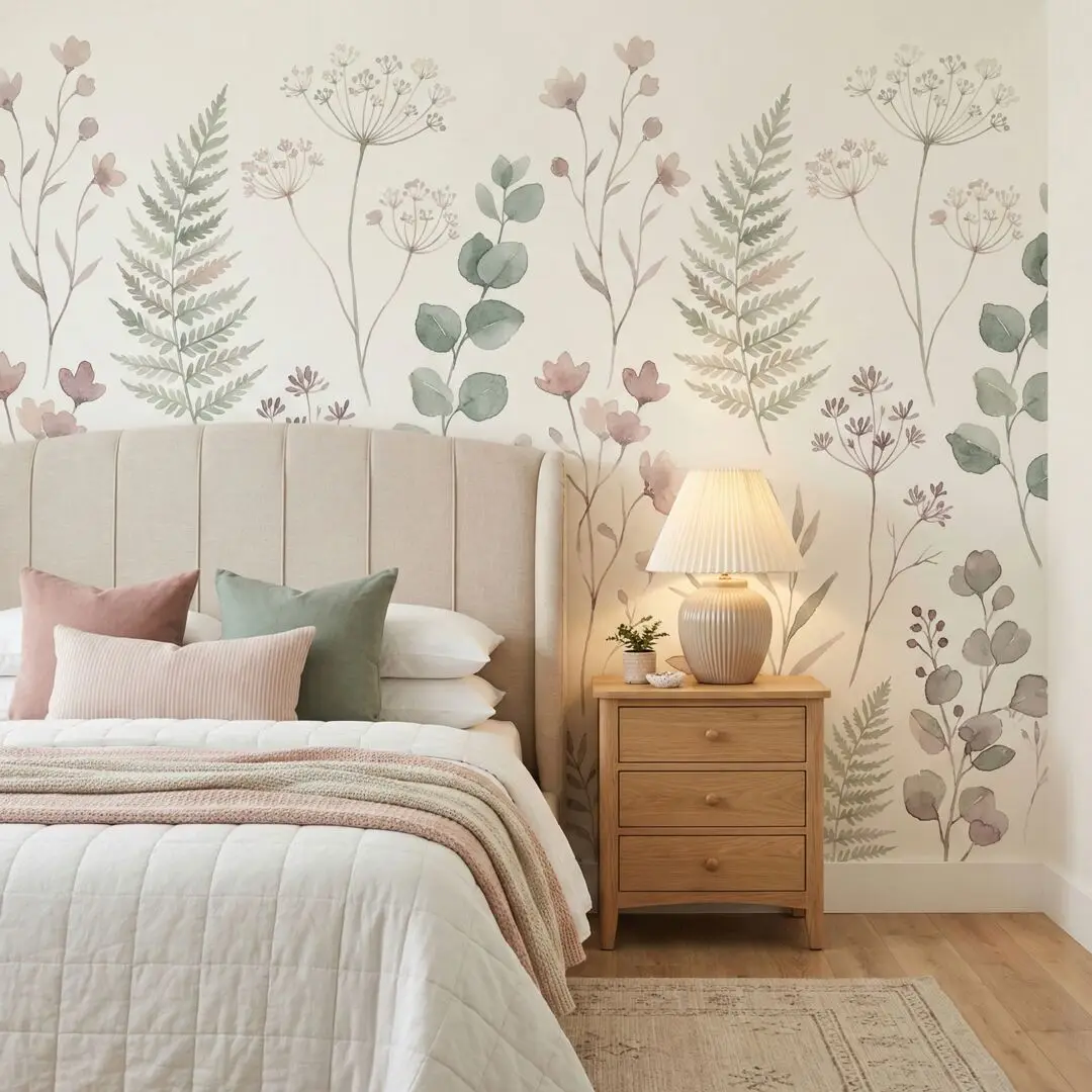 Custom Pastel Wildflower Botanical Watercolor Wall Mural Wallpaper Soft Floral Garden Wall Decor for Bedroom Nursery Living Room