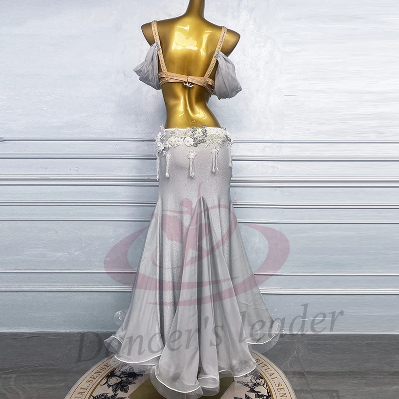 فستان للرقص الشرقي للبالغين والأطفال، ملابس احترافية للسيدات باللون الفضي والأبيض المجوف من تشا تشا سامبا