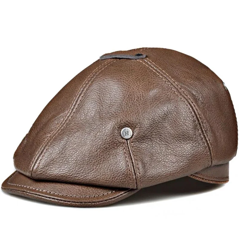 Retro Men\'s Outdoor Genuine Leather Hat Winter Berets Male Warm Cap 100% Cowhide Dad Hat Wholesale Leisure Duckbill