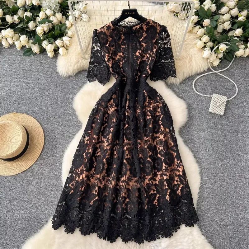 Women Elegant Water Soluble Lace Hollow Out Midi Dress O Neck Short Sleeve Solid Color Casual Office Vestido