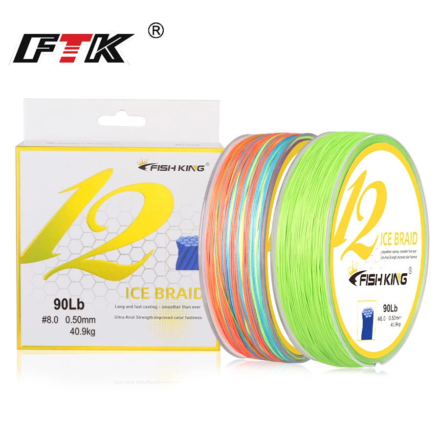 FTK X12 Ice Braided Wire 15LB-90LB Fishing Line Colourful 100m-300m 100% PE Braided Line for Carp Bass Fishing Tackle Line