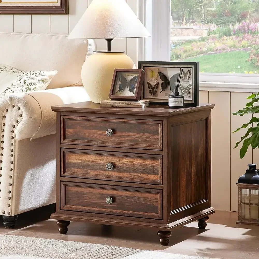 2-Piece Wide Arm Nightstand Set with Drawers and Metal Handles, Brown Wood Finish for Bedroom or Living Room