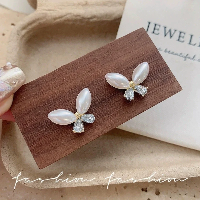 New Pearls CZ Crystal Bowknot Stud Earrings for Women Geometry Wedding Jewelry Christmas Girl Valentine's Day Gift