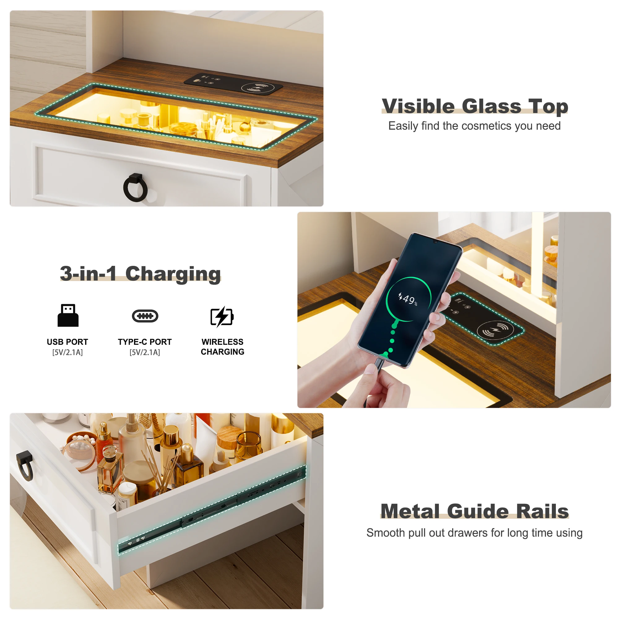 مكتب الزينة JDPAG مع مرآة وأضواء، مجموعة مكياج صغيرة الحجم مع مقعد تخزين مخفي