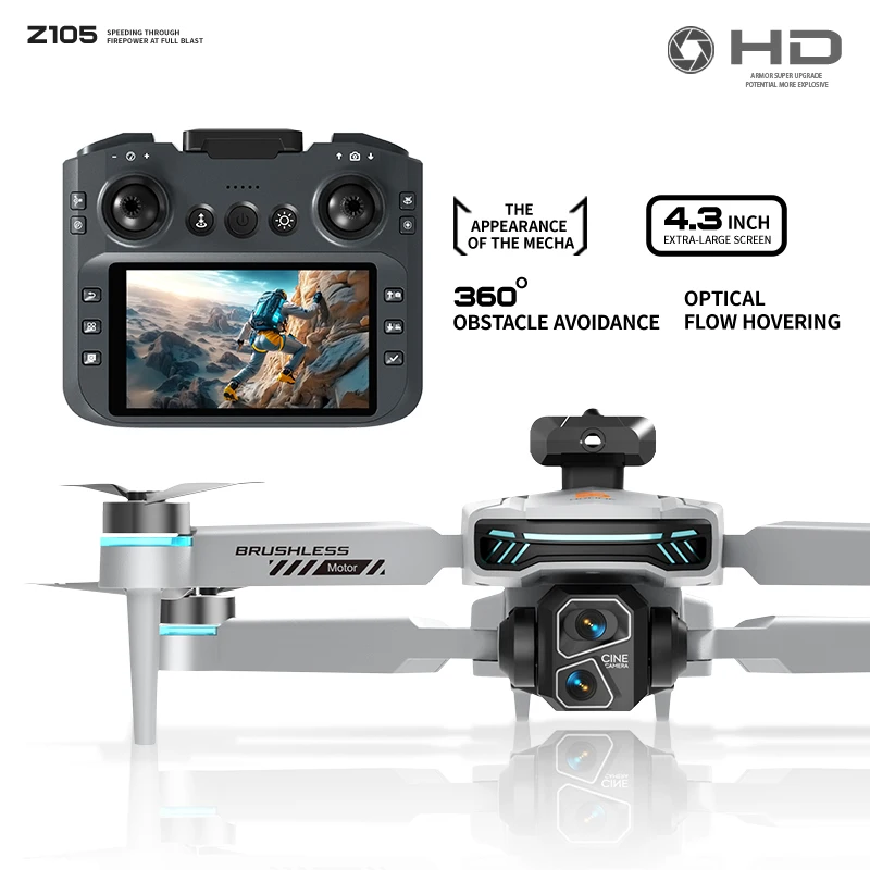 Z105 RC Drone Quadcopter، كاميرا مزدوجة 4K، 2.4G WIFI، قابلة للطي بدون فرش، تجنب العوائق بالأشعة تحت الحمراء، طريق مخصص، 4.3 بوصة Scr