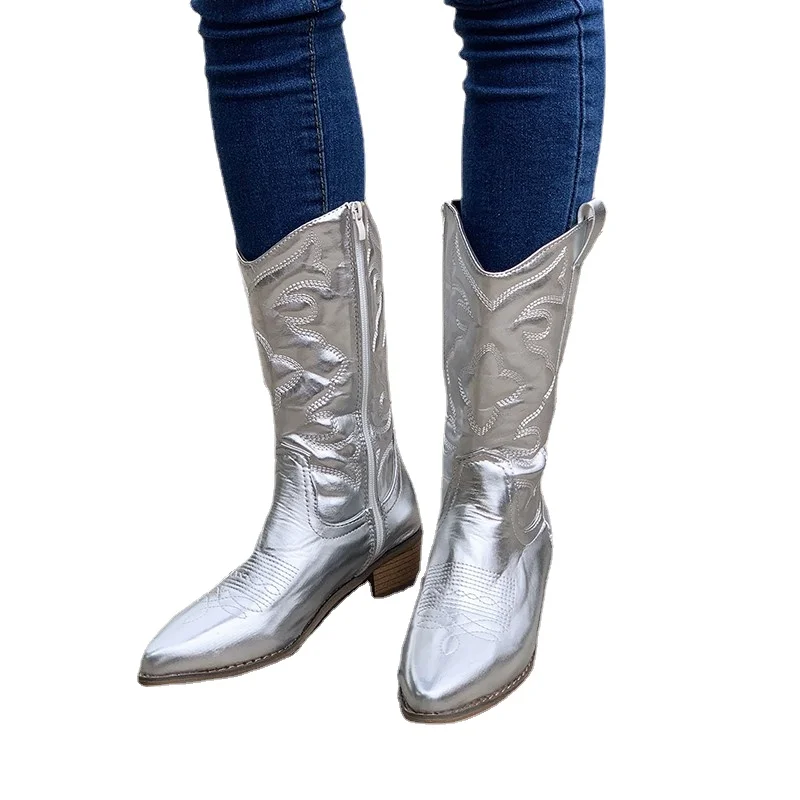 Bottes de cowboy mi-mollet à talon épais pour femmes, Parker Pionted, bottes longues, chaussures d'équitation pour femmes, mode pour dames, hiver, nouveau