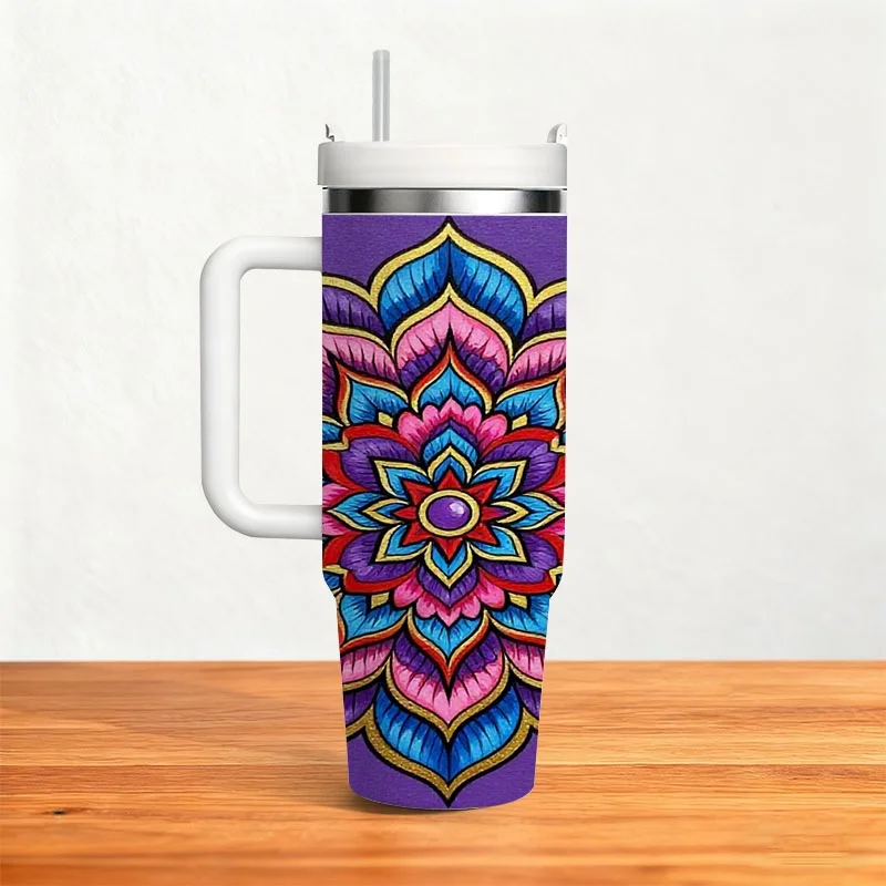Stainless Steel 40oz Insulated Tumbler, Vibrant Digital Print Ornate Mandala Design on Solid Purple Background, Durable Hot & Cold Drink Cup for Daily Use, Road Trips & Outdoor Activities