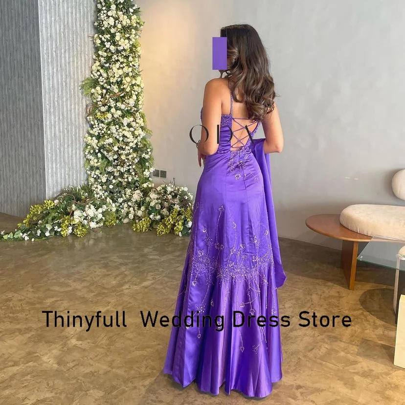 Thinyfull Mermaid Saudi Arabia Purple Prom Dress Strapless Sleeveless Evening Party Dress Satin Formal Occasion Gown Customized