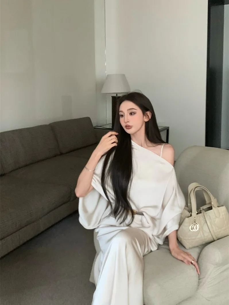 

Faionable Pure Color Fi Tail Strap Dr Set Ele Slant Oulder Top и Dr Ensemble для повседневного использования и поездок на работу