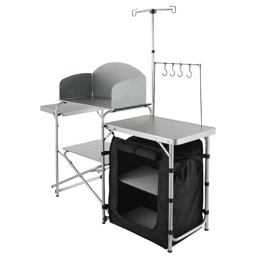 

Camping Kitchen Table Folding Outdoor Cooking Table with Storage Carrying Bag Aluminum Cook Station 1 Cupboard Detachable Wind