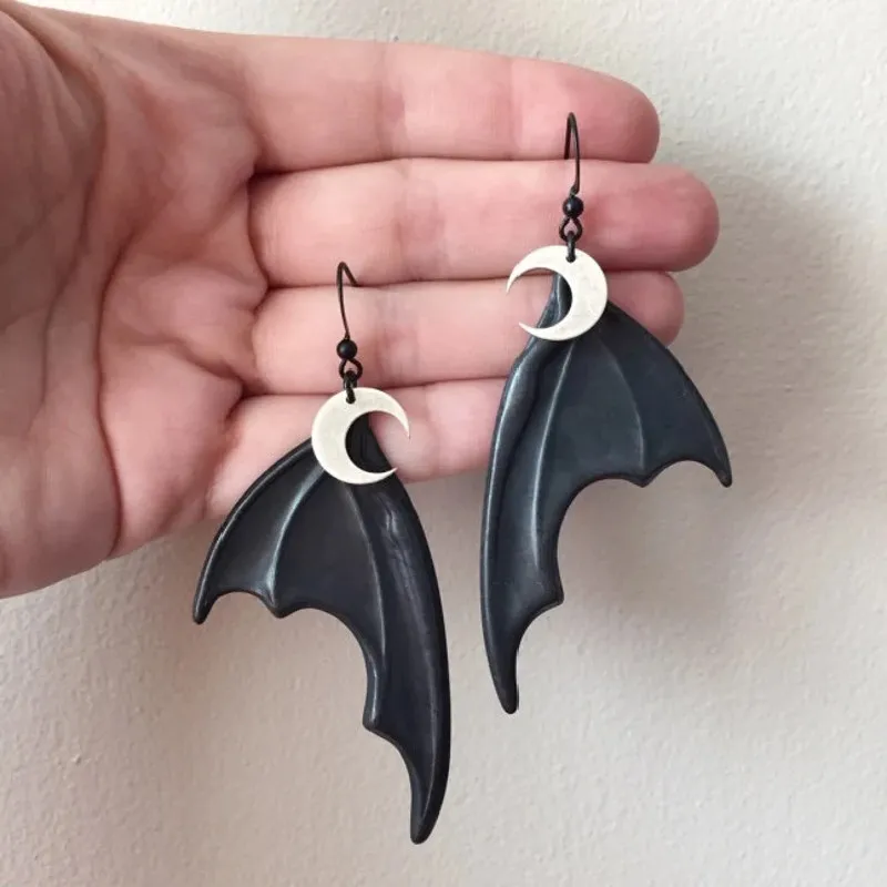 Gothic Goth Black Vampire Bat Wing Earrings Moon Dangle Witch Mystical Punk Jewelry Gift Women Statement Halloween Women Gift