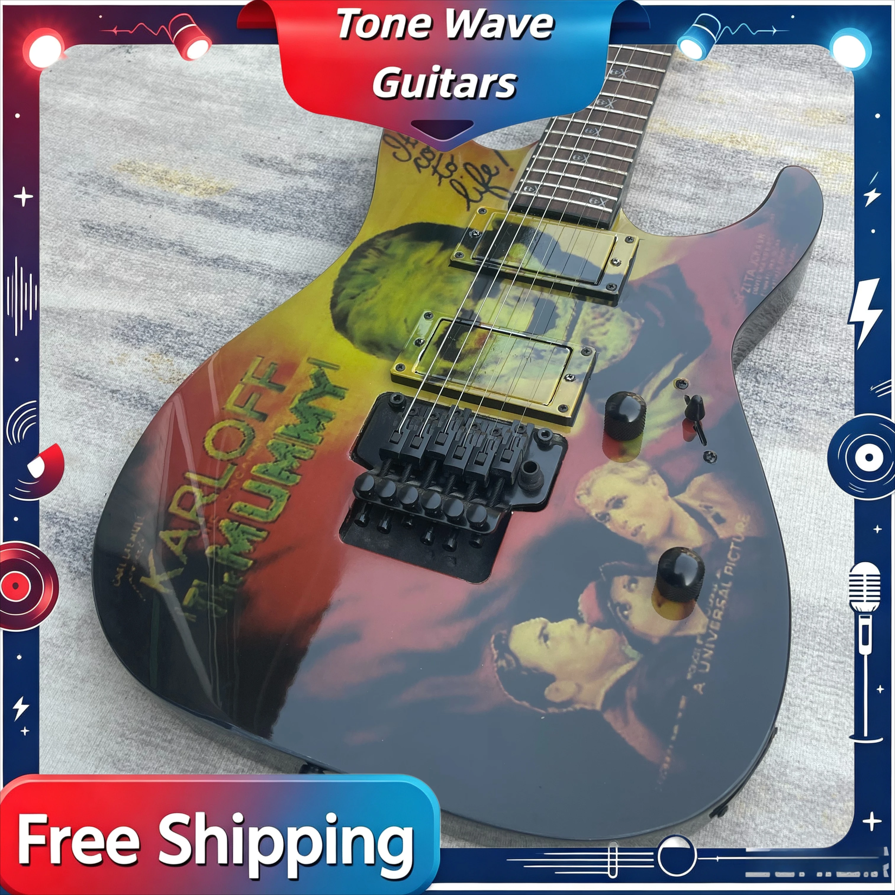 STY00 Mummy Painting Double Shake Speed Electric Guitar Solid Wood Body Retro Horror Theme Niche Personality Free Shiping