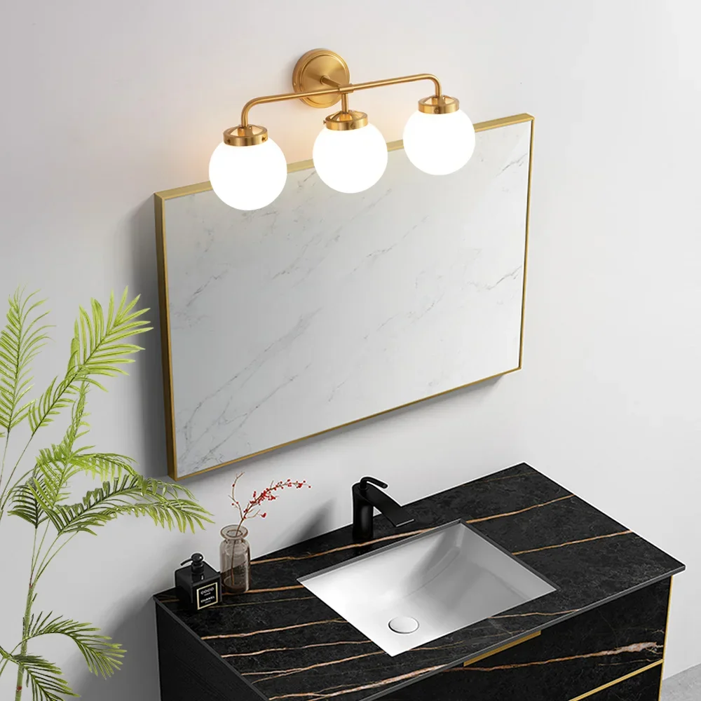 FSS Gold Bathroom Vanity Light Fixtures Over Mirror Modern Brass 3 Lights Wall Sconce with Milky Glass Ball Shade