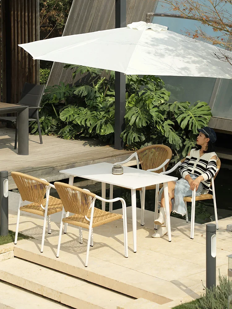 Outdoor courtyard garden outdoor leisure rattan weaving minimalist table and chair with umbrella outdoor combination