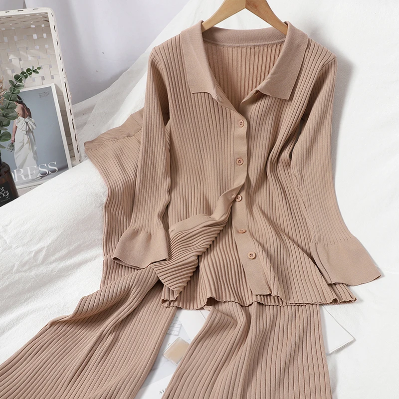 Autumn Winter New Knit Suit Korean Sweaters Two Piece Sets Wild Lapel Cardigan Shirt Loose Wide Leg Pants Two-piece Suit Women