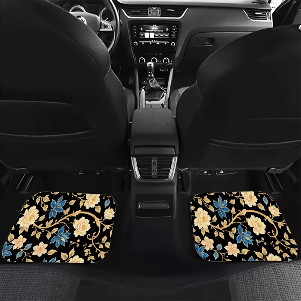 Floral Patterned Car Floor Mats With A Black Background, Made Of Crystal Velvet Material, A Four-Piece Set, Travel Additions, In