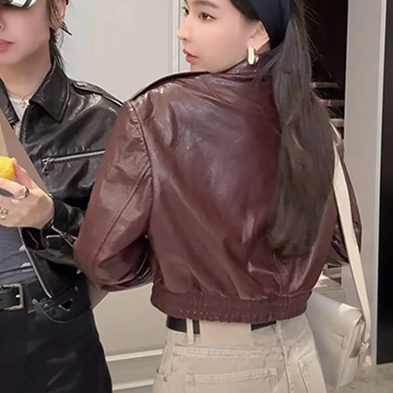 Chen sra. 2024 outono novo sle motocicleta couro jaet emagrecimento fino ajuste vintage eepskin longo sve casaco feminino