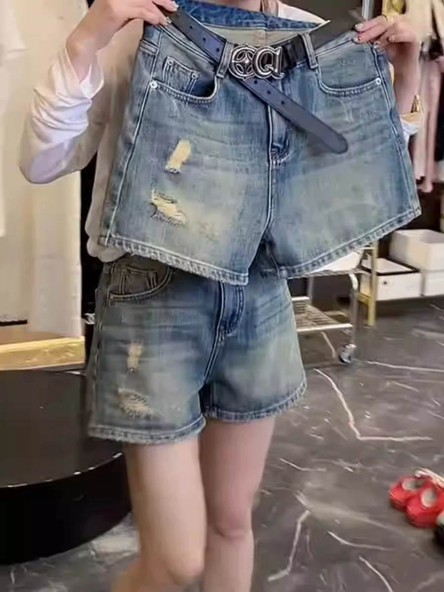 

Retro Faded Denim Shorts Women's Summer New plus Size Flattering High Waist A-Line Hot Pants Casual Style High Waist Jeans