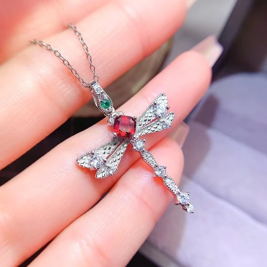 3 Layers 18K Gold Plated Cute Silver 925 Silver Dragonfly Pendant 5mm 0.6ct Natural Garnet Pendant with Silver Necklace