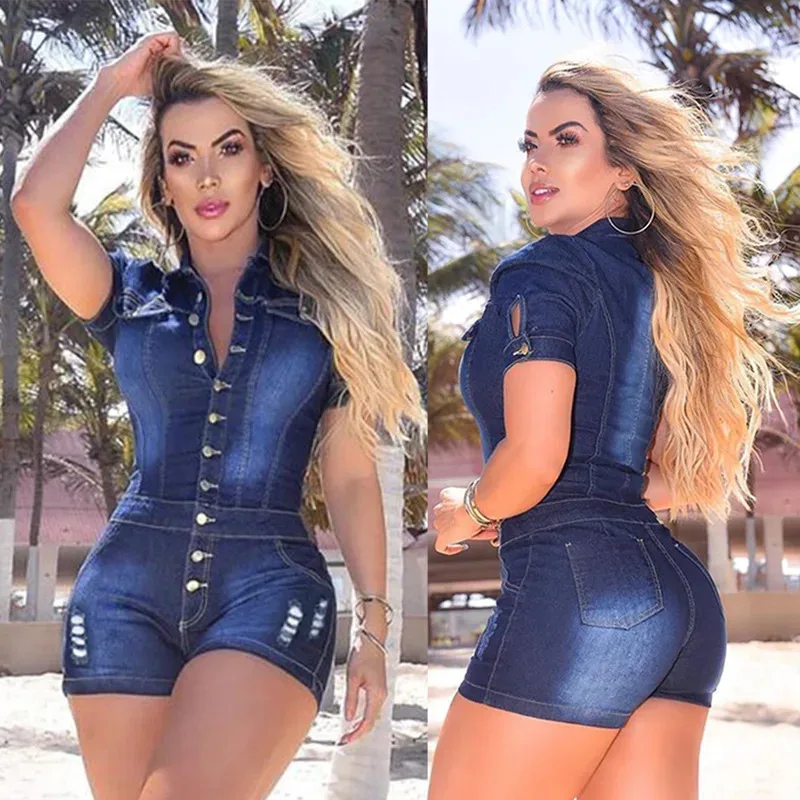 

Bleached Denim Rompers Women Jean Overalls Washed Vintage One Piece Single Breasted Shorts Jeans Skinny Solid Distressed