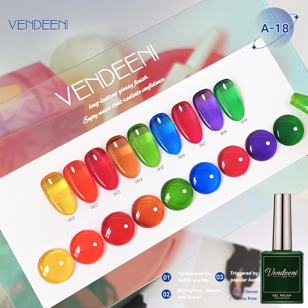 Vendeeni 9 Colors/Set Jelly Transparent Gel Nail Polish Semi Permanent UV LED Gel Varnish Crystal Glass Gel Lacquer With Display