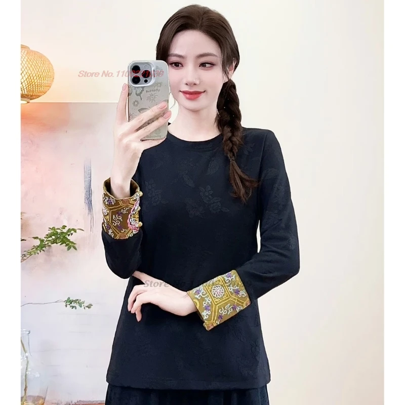 

2025 китайская футболка на флисовой подкладке, традиционная жаккардовая народная рубашка с цветочной вышивкой, винтажные топы ханьфу, базовая рубашка с круглым вырезом в стиле ретро