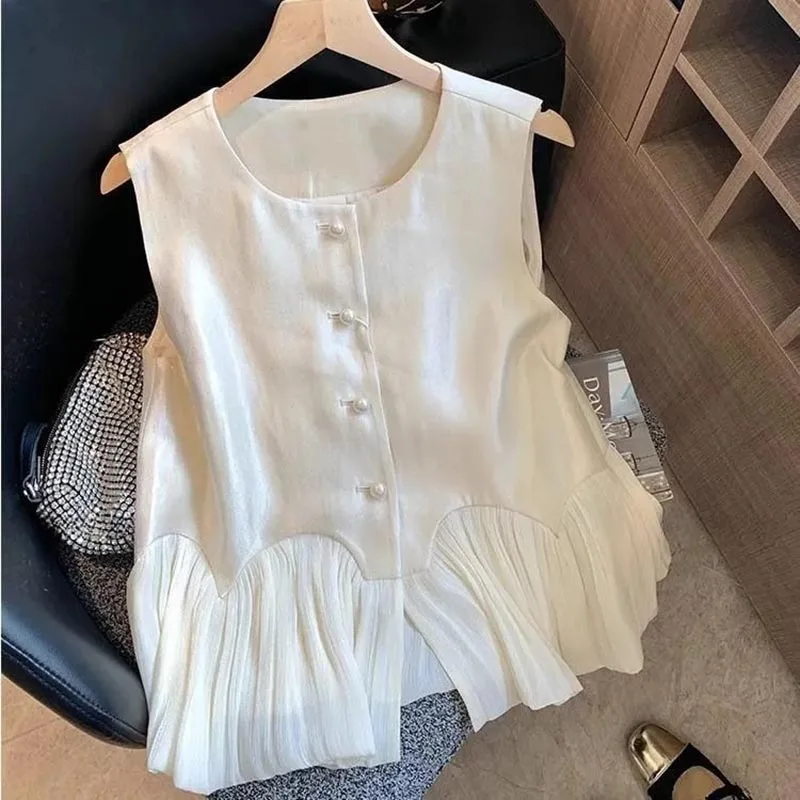 New outerwear Women Jacket Lotus Leaf Stitching Pearl Satin Sleeveless Top Women's Summer Fashion With Pleated Sleeveless Top