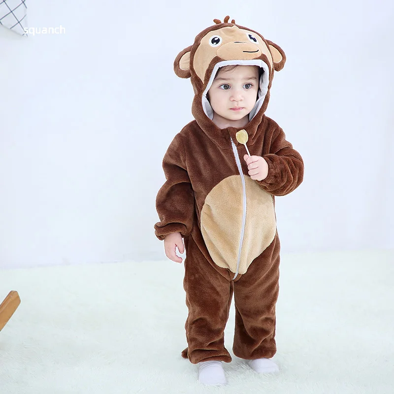 Cute Baby Monkey Costume Halloween Animal Cosplay Suit Boy Girl Outfit Winter Warm Clothes Bebe Festival Brown Jumpsuit 0-3Y