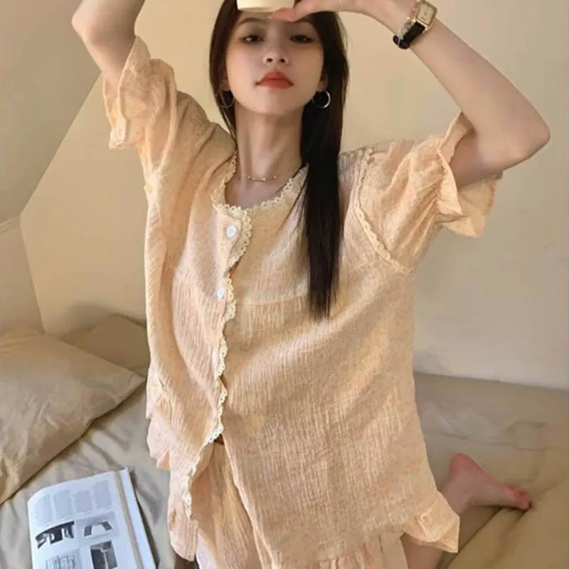 Korean Sleepwear Women Pajama Sets Summer Piiama Button Sets for Women 2 Pieces Night Wears Pyjamas Lace Home Suit Clothes 2024