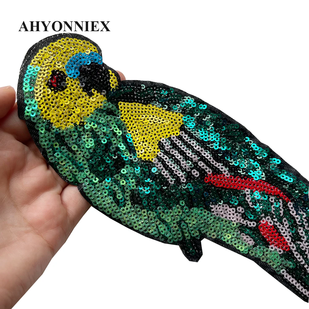 Red Green Large Sequins Parrot Patch Sequined Bird Sticker Clothing Accessories Sew on Patches for Fashion Pants