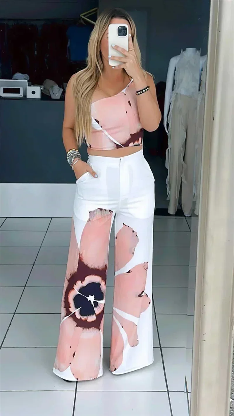 Floral Print Sexy Two Piece Sets Women Sleeveless Skew Collar One Shoulder Crop Top and High Waist Loose Wide Leg Pants Outfits