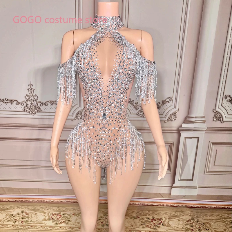 

Handmade Bling Silver Rhinestone Bodysuit Bodycon Luxury Crystal Tassel Fitted Women Nightclub Stage Evening Prom Gown Show
