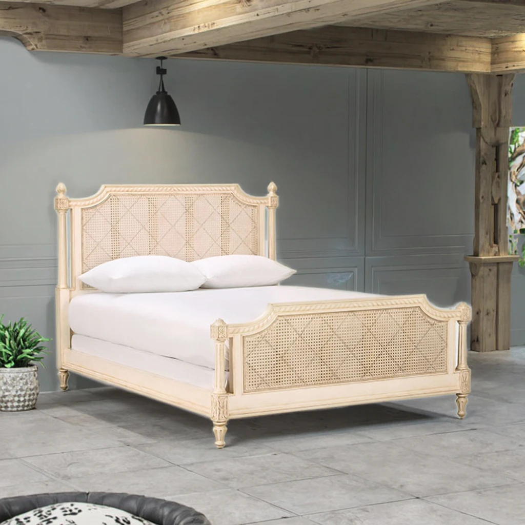 French Traditional Solid Beech Wood Bedroom Furniture Rattan Bed for Home Use