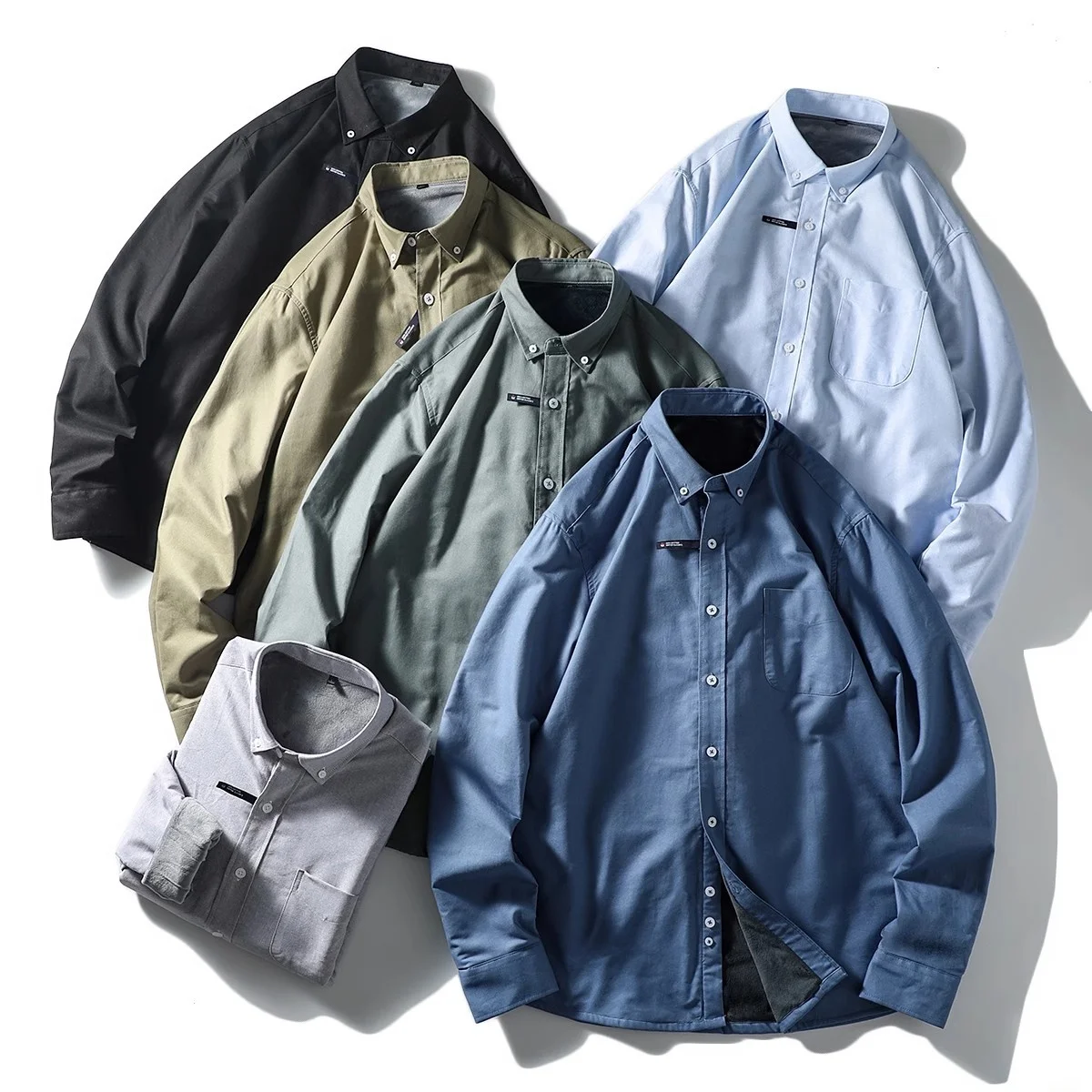 

High Quali Fce Lined Ox Cloth Men's Casual Long Sve irt Pure Color Stand Fit Winter New Sle Dr irt