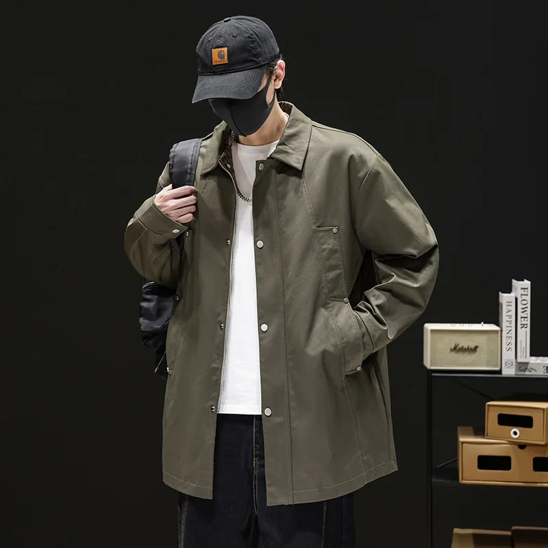 

Мужская куртка весна-осень, тонкая, простая, однотонная, винтажная, с отложным воротником, длинными рукавами, средней длины, ветровка