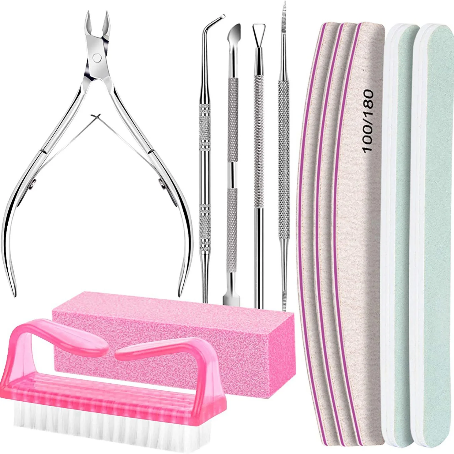 

12pcs Nail Care Tool Kit, Nail Files 100/180, Nail Clipper with Cuticle Pusher Nail Cuticle Nipper Pedicure & Manicure Tools