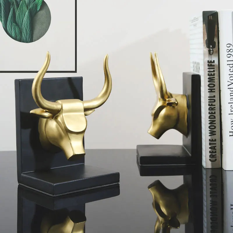 American Golden Resin Bull Head Bookend Bookshelf Living Room Decoration Abstract Animal Golden Bull Head Bookend Entryway Decor