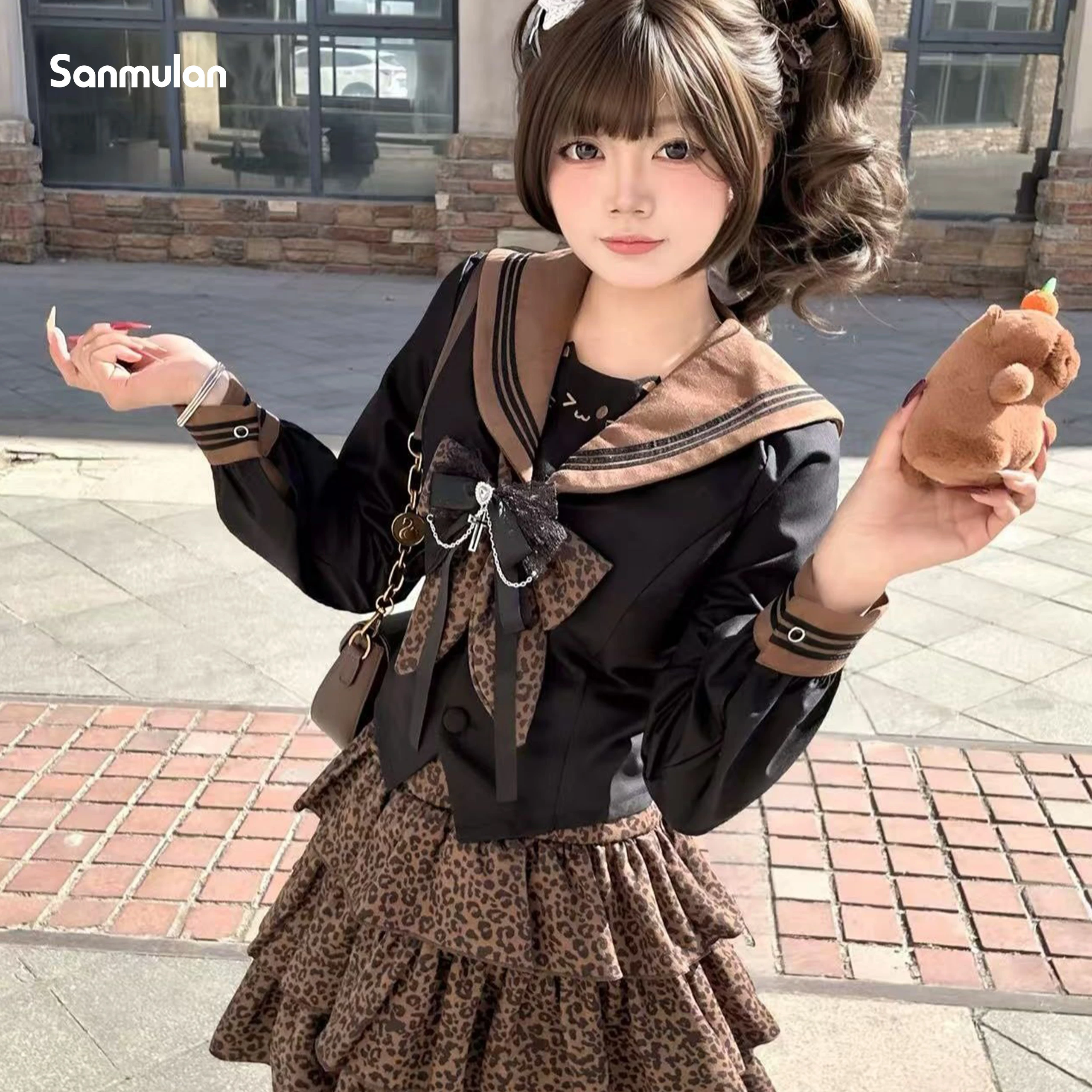 

Весенний комплект 2026: Аутентичный леопардовый принт, юбка и матросский костюм для женщин, приталенный, в японском школьном стиле, базовый комплект с длинными и короткими рукавами