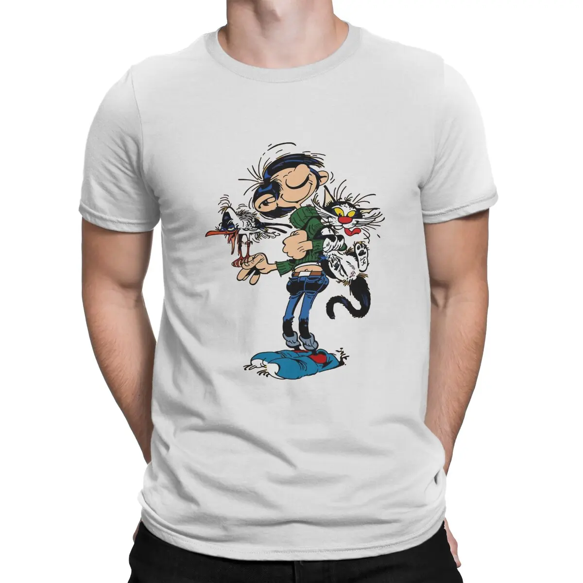 Casual The Twins of Gambler T-Shirt for Men  Pure Cotton T Shirts Gaston Lagaffe Comics Short Sleeve Tees Gift Idea Tops