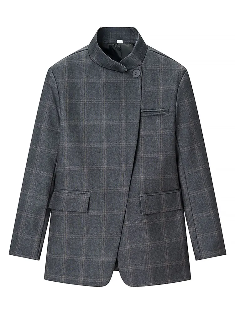 HH Women Fashion Plaid Blazer Coat Stand Collar Long Sleeve Jacket 2026 Spring Trend Casual Office Lady Chic Outerwear