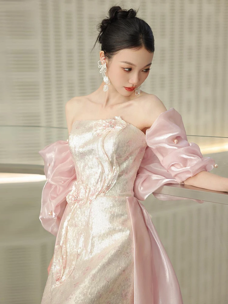 

Розовый свадебный халат Ele с бретелями для помолвки, церемонии, выставления вина, костюм для взрослых, с длинным шлейфом