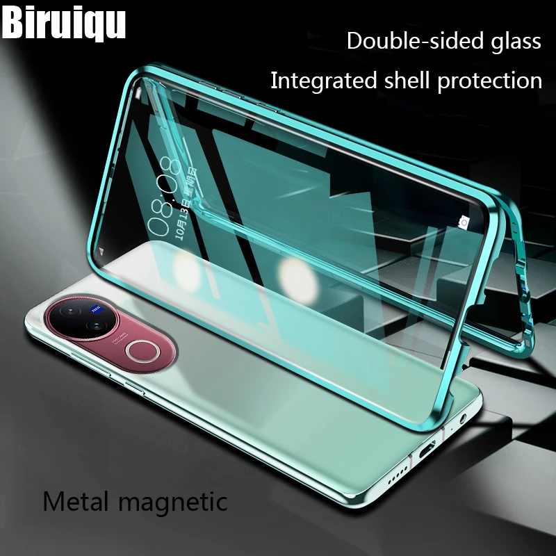 Biruiqu pour VIVO V50 boîtier d'absorption magnétique cadre en métal antichoc Double face verre trempé housse magnétique