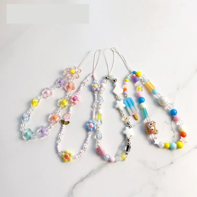 Tulpenbloem Kralen Mobiele Telefoonketting Voor Dames Schattige Acryl Telefoonhoesje Hangende Lanyard Koord Handgemaakte Telefoon Bedels Riem