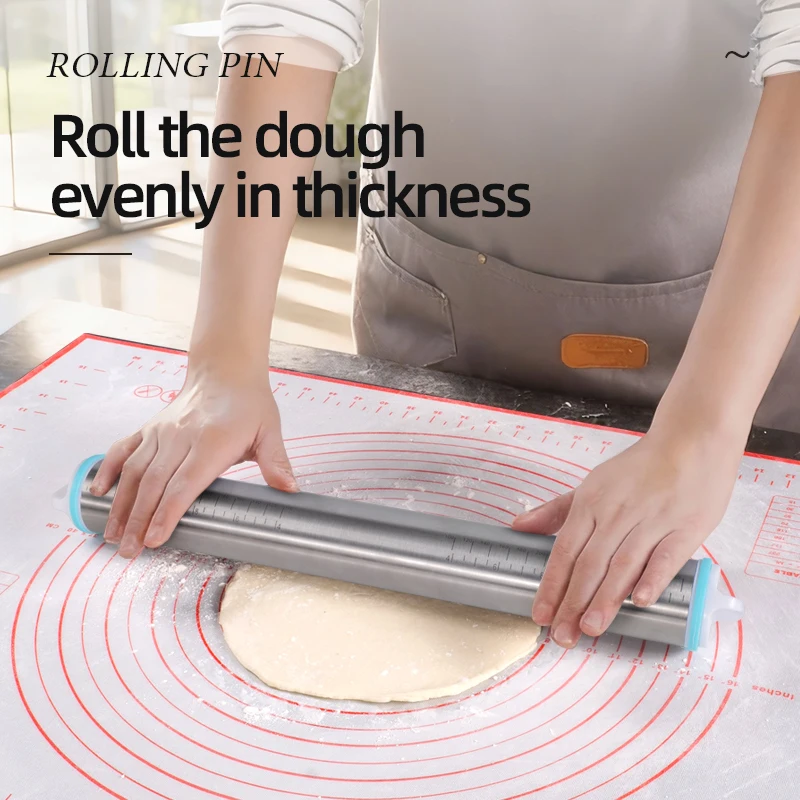 14/17 Inch Adjustable Stainless Steel Rolling Pin with 4 Thickness Removable Rings Dough Roller for Pizza Bakeware Baking Tools