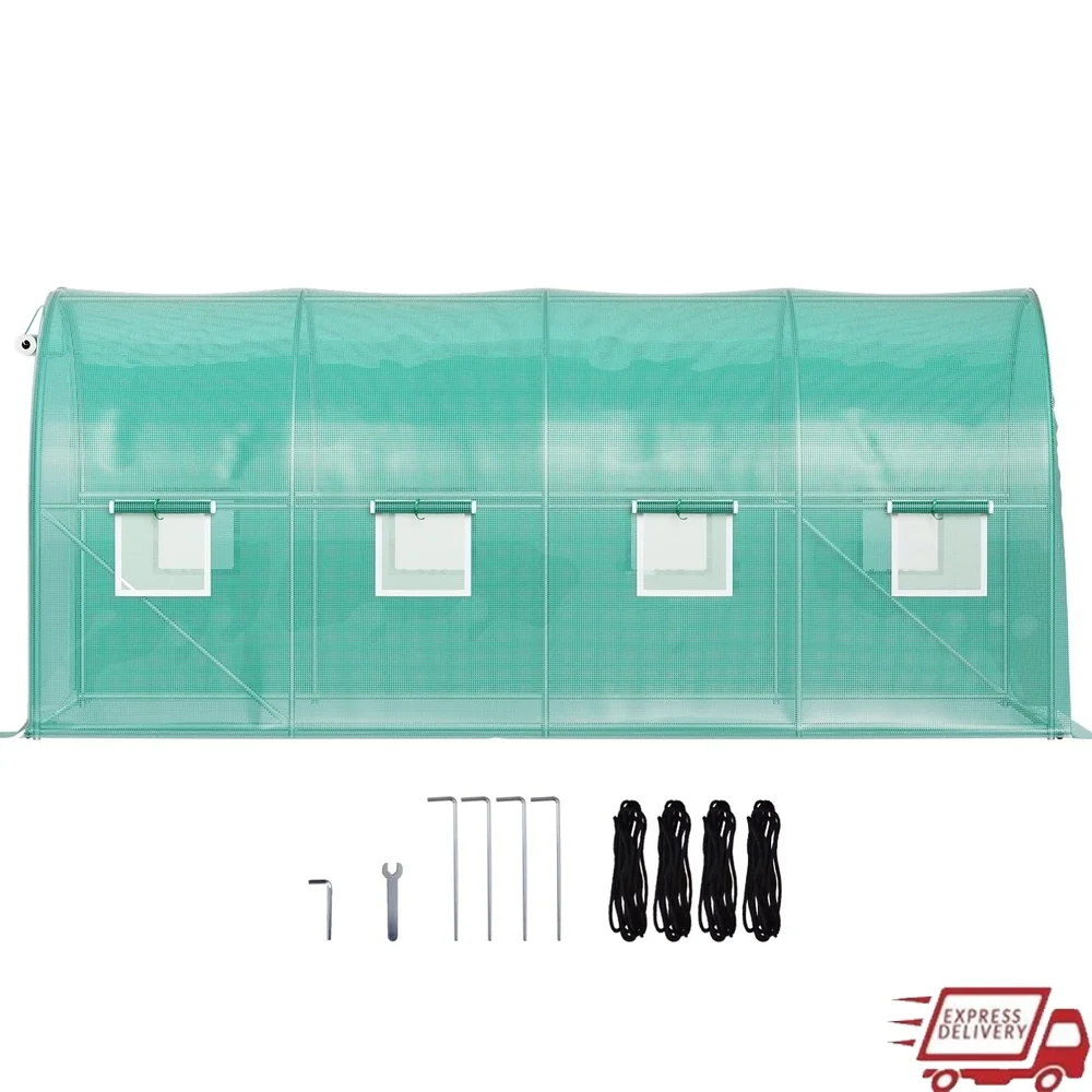 

Portable Tunnel Greenhouse 14.8 x 6.6 x 6.6 ft Galvanized Steel Frame Waterproof PE Cover 8 Mesh Windows Easy Assembly Plant