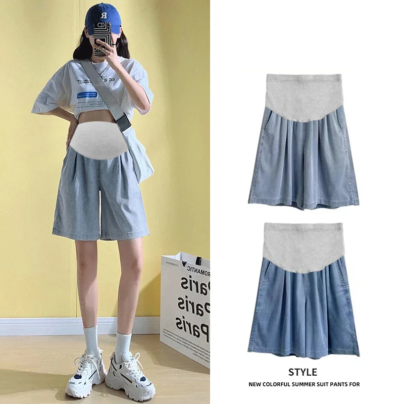 Hot Summer Thin Stretch Denim Maternity Shorts Belly Rolled Upfor Pregnant Women  Clothes Casual Pregnancy Short Jeans